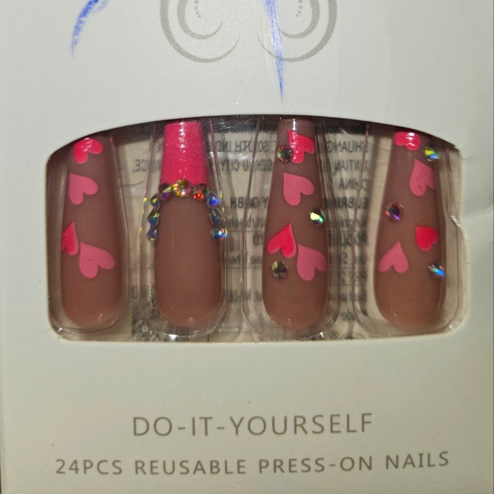 Pink & Heart Rhinestone Nail Set